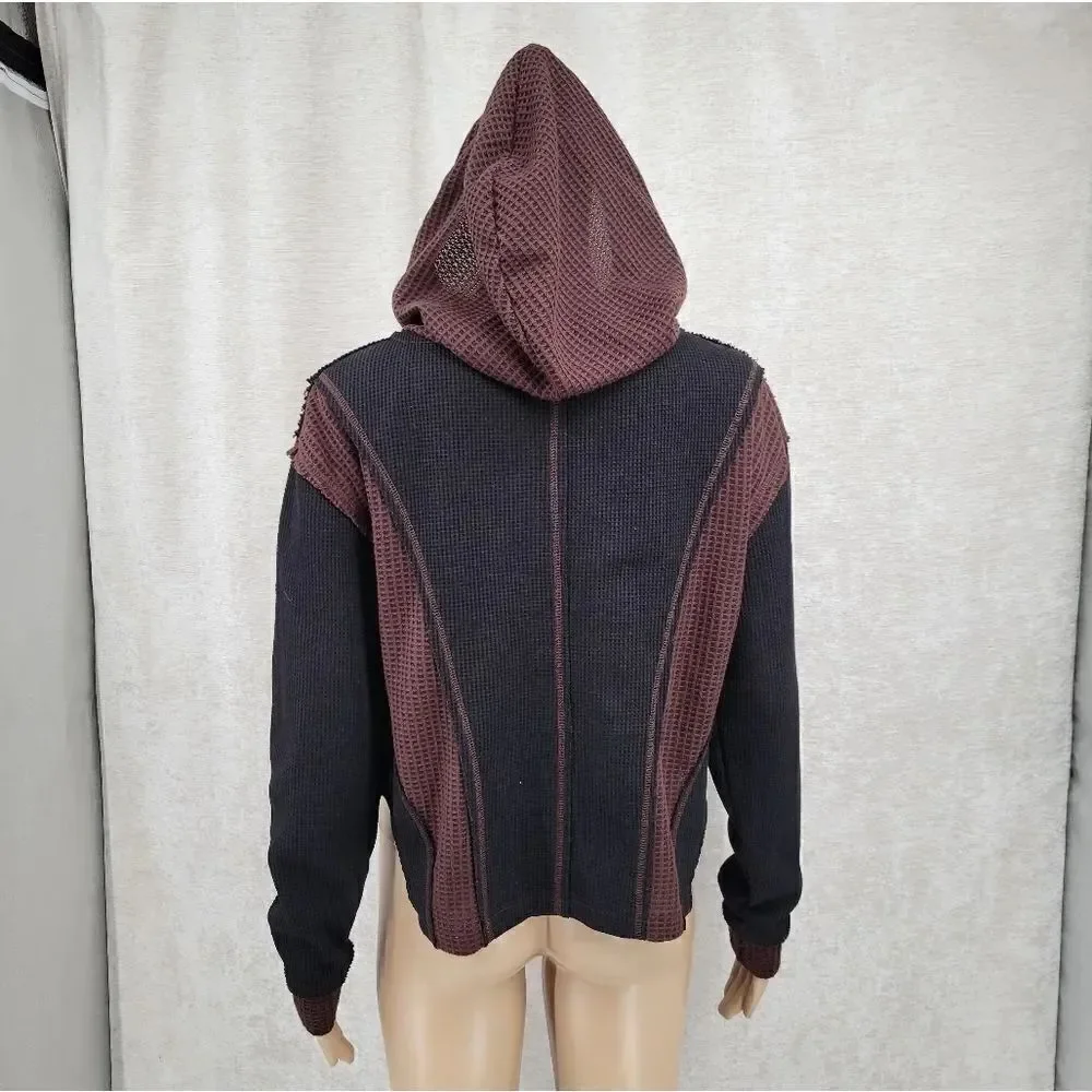 POL Brown and Black Waffle Knit Full Zip Hooded Jacket Sweatshirt Women's Small